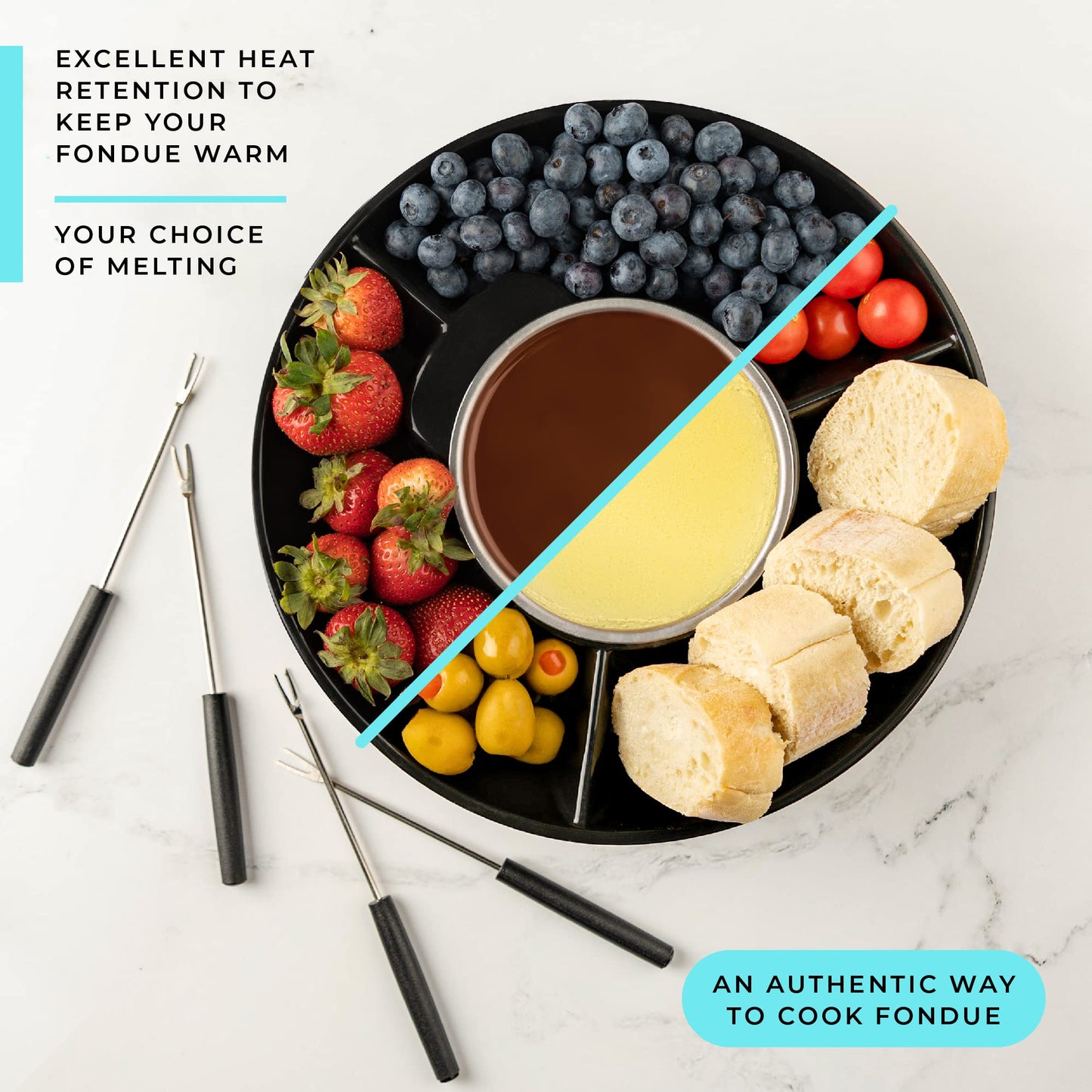 Kusini Electric Fondue Pot Set - Chocolate Fondue Kit - Temperature Control, Detachable Serving Trays, & 4 Roasting Forks - Gift Set & Date Night Idea. Serve at Movie Night or Game Night.