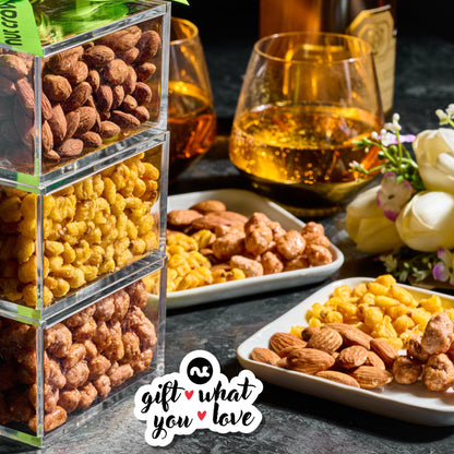 NUT CRAVINGS - Easter Mixed Nuts Acrylic Tower Gift Basket with Ribbon (3 Tier Assortment) Ramadan Gifts Treats for Adults, Food Arrangement, Healthy Snack Care Package, Kosher