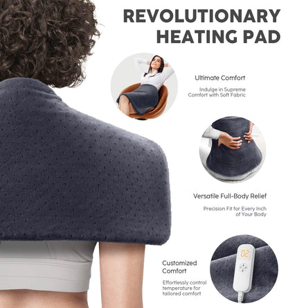Heating Pad for Back Pain & Cramps, 24"x 20" Electric Heating Pad for Shoulder, Neck, Cramp, Menstrual Pain, Christmas Gifts for Women Men Mom Dad, Auto-Off, Machine Washable, Moist/Dry Heat pad, Gray