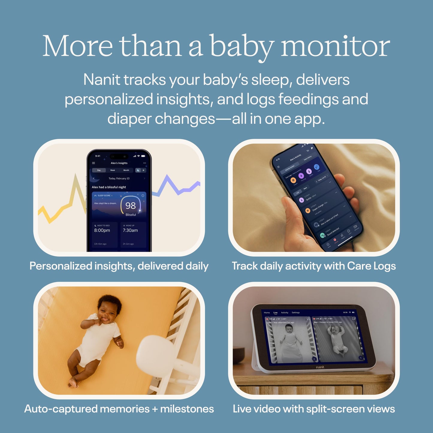 Nanit Smart Baby Monitor System with Floor Stand - Crystal-Clear Video, Real-Time Notifications, Sleep Insights - 8-inch Display/App Integration - Baby Must Haves for Parents