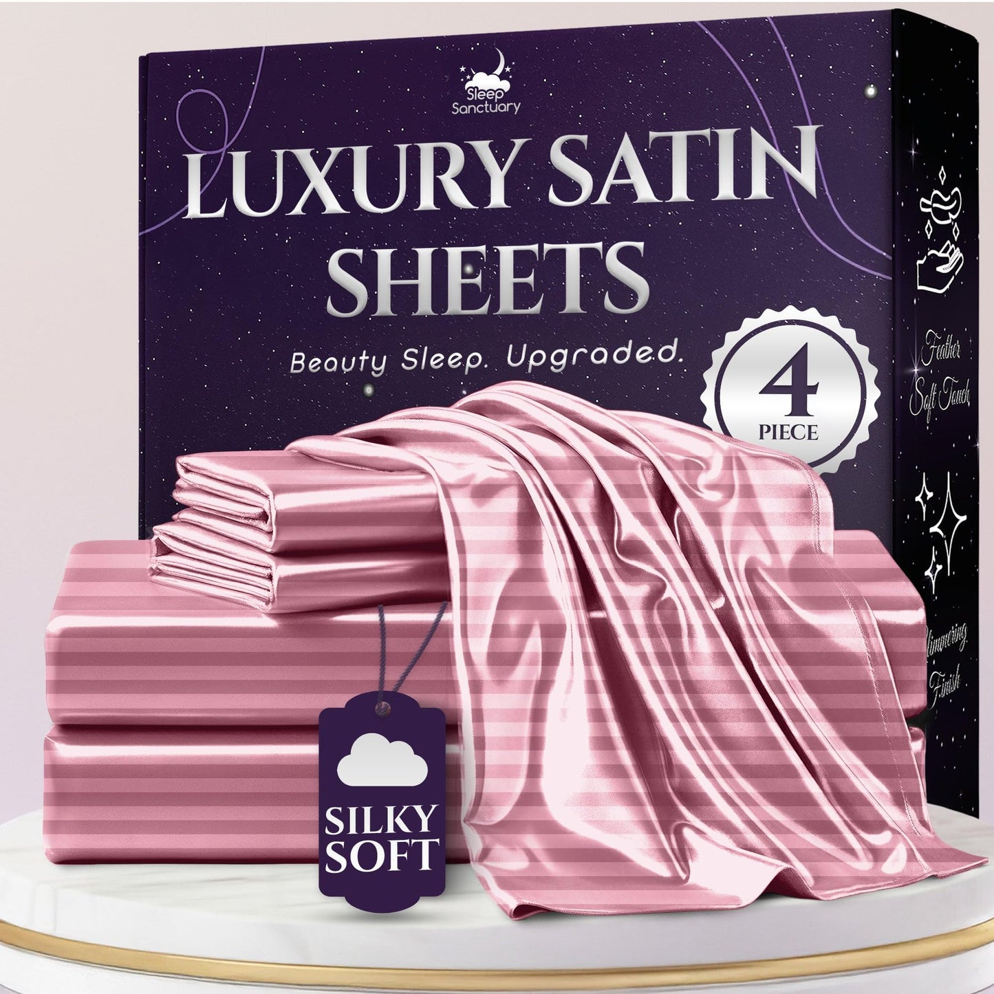 SLEEP SANCTUARY Satin Sheets King Size – 4 Piece Luxury Silky Bed Set, Softer Than Silk, 15" Deep Pocket, Cooling & Wrinkle-Free, Moisture-Wicking & Breathable for Hair & Skin (Striped Pink)