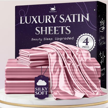 SLEEP SANCTUARY Satin Sheets King Size – 4 Piece Luxury Silky Bed Set, Softer Than Silk, 15" Deep Pocket, Cooling & Wrinkle-Free, Moisture-Wicking & Breathable for Hair & Skin (Striped Pink)