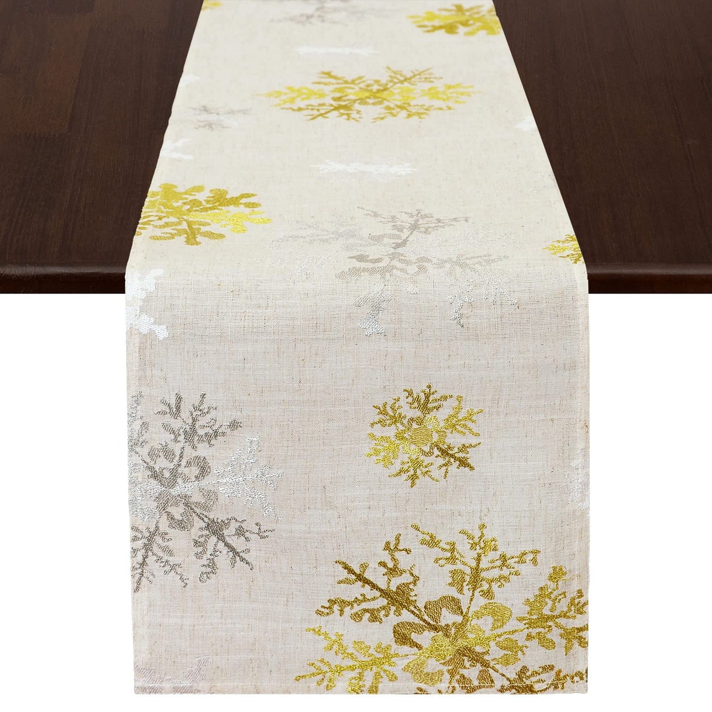 Grelucgo Embroidered Christmas Holiday Silver and Gold Snowflakes Table Runner (13.5 x 68 inches)