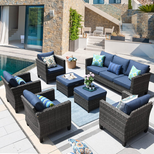 ovios Patio Furniture Set, 7 Pieces Outdoor Wicker Rattan Sofa Couch with 4 Chairs, Ottomans and Comfy Cushions, All Weather High Back Conversation Set Garden Backyard, Denim Blue