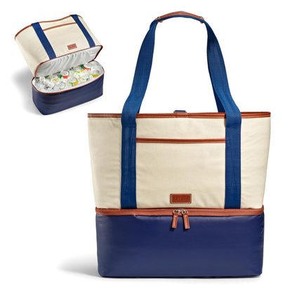 Fit & Fresh Narragansett 2-in-1 Tote with Cooler Compartment, Removable Accessory Pouch, Insulated Beach Bag, Leakproof, Water Resistant, Pool Essential, Holds 16 Cans, Navy