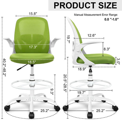 Primy Drafting Chair Tall Office Chair with Flip-up Armrests Executive Ergonomic Computer Standing Desk Chair with Lumbar Support and Adjustable Footrest Ring（Green）