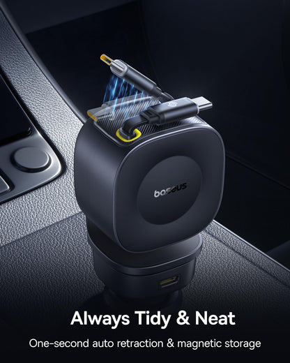 Baseus 163W Retractable Car Charger USB C Fast Charging, PrimeTrip VR2 Max 4 in 1 Fast Car Charger with Dual Retractable USB C Cable for iPhone 16 15 14 Pro Max, Samsung Galaxy S25 Ultra, Android