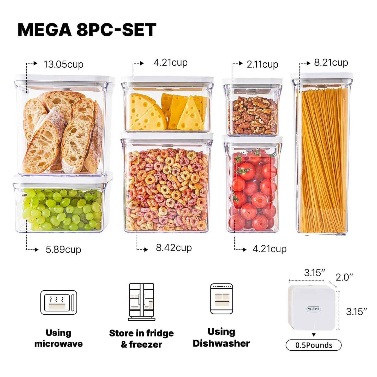 VAKUEN Premium Airtight Food Storage Containers Mega 8P/Set. Total 46.11cup, 7pcs Container and Vacuum Sealer. Smart One-Click Seal Lid, Patented Double Silicone Lining, 100% Leak Proof, BPA-FREE
