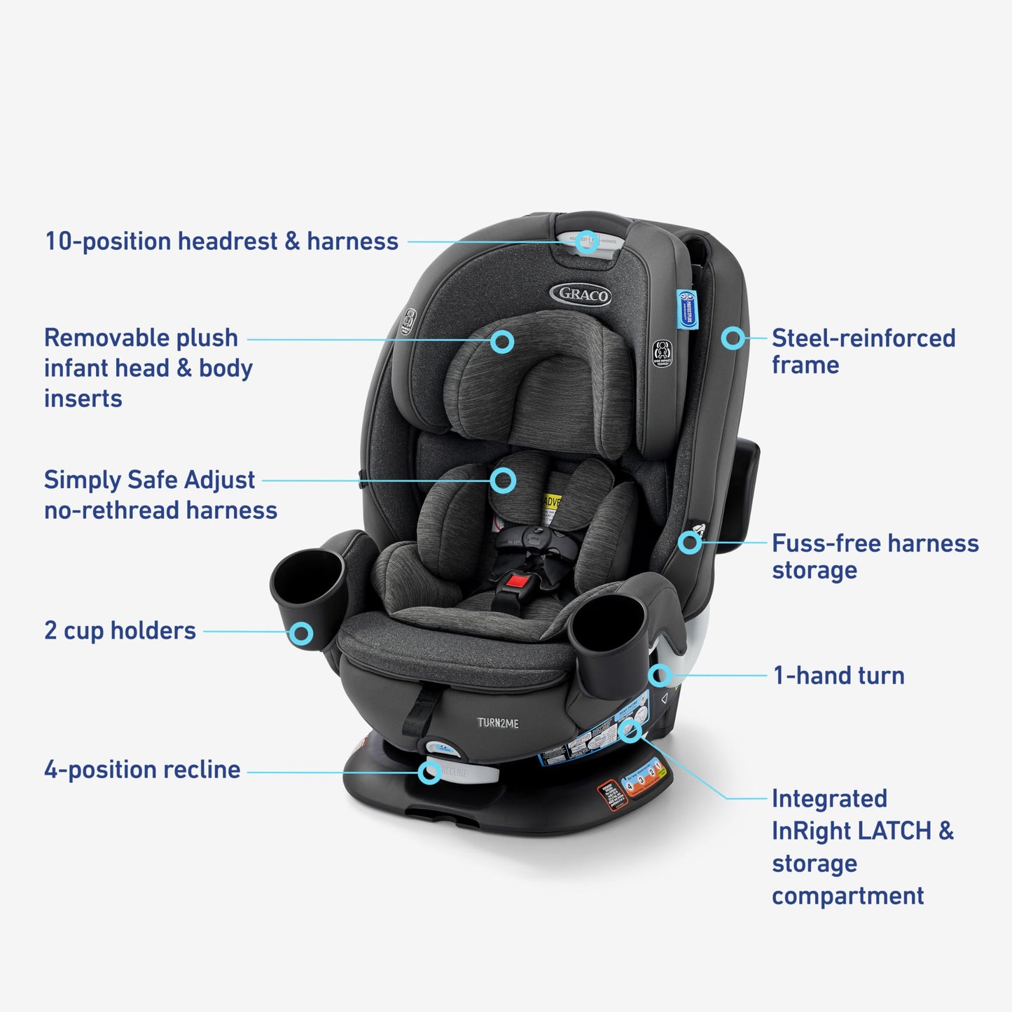 Graco Turn2Me 3-in-1 Convertible Car Seat, Manchester, Featuring Headrest and Harness Adjust, Easy Installation and Steel Reinforced Frame