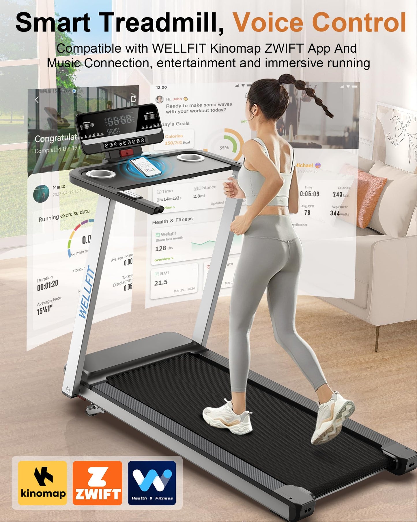 3.5HP Incline Treadmill for Home 350+ lb Capacity, Voice Controll Foldable Smart Treadmill Work with WELLFIT KINOMAP, 18IN Widen Belt|Heart Rate Monitor|Music Player|12 Preset Programs