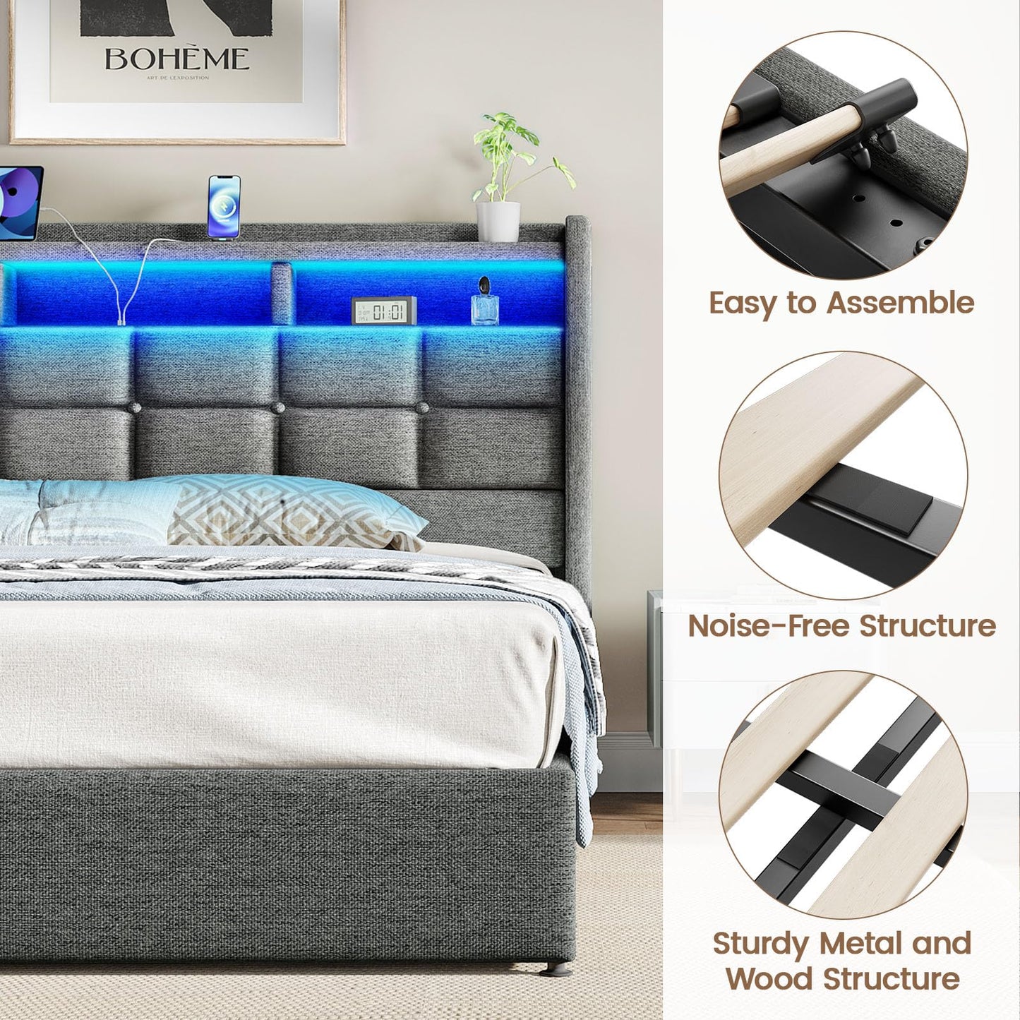 Driftalia Lift Up Queen Bed Frame with Storage, Upholstered Bed Frame Queen Size with LED Lights Headboard and Charging Station, No Box Spring Needed, Easy Assembly - Light Grey