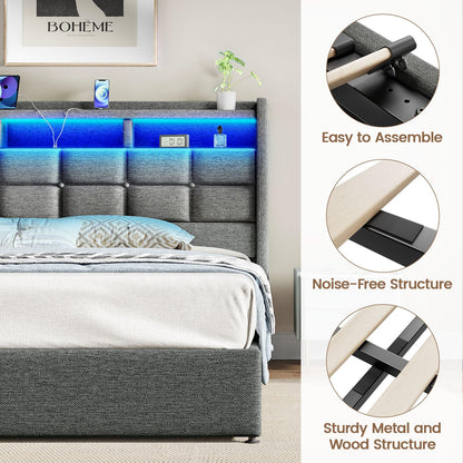 Driftalia Lift Up Queen Bed Frame with Storage, Upholstered Bed Frame Queen Size with LED Lights Headboard and Charging Station, No Box Spring Needed, Easy Assembly - Light Grey