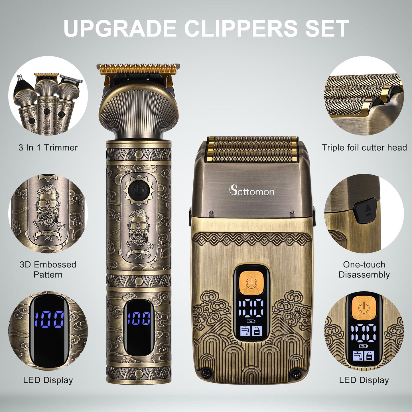 Scttomon T-Blade Hair Trimmers & Electric Shavers for Men Foil Shaver Beard Trimmer Men's Grooming Kit with Triple Blades Cordless