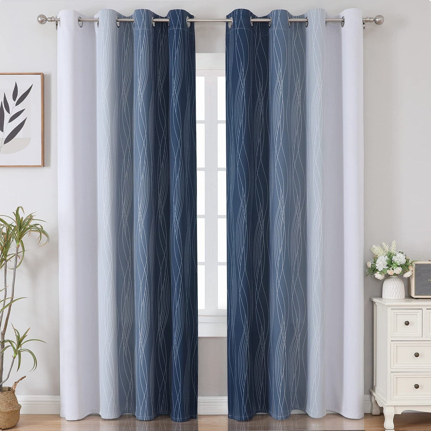 Estelar Textiler Navy Blue and Greyish White Blackout Curtains for Bedroom 84 Inches Long, Full Room Darkening Grommet Curtains for Living Room,Thermal Insulated Ombre Drapes,52Wx84L,2 Panels