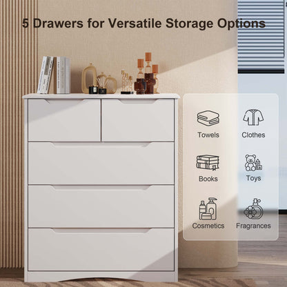 Gizoon 5 Drawers Chest, White Dresser for Dedroom with Embedded Handle, Sturdy Anti-tripping Device, Chest of Drawers with Large Storage Capacity for Hallway, Office, Living Room