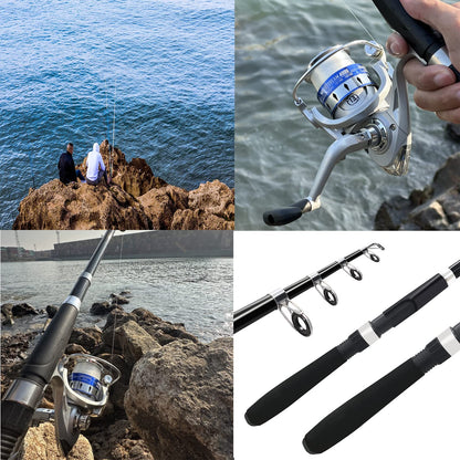 Fishing Pole Combo Set,2.1m/6.89ft 2PCS Collapsible Rods 2PCS Spinning Reels Mono Fishing line Come Setup Already！Lures Set Carrier Bag Freshwater Kit Fishing Rod Reel Combos ministoream
