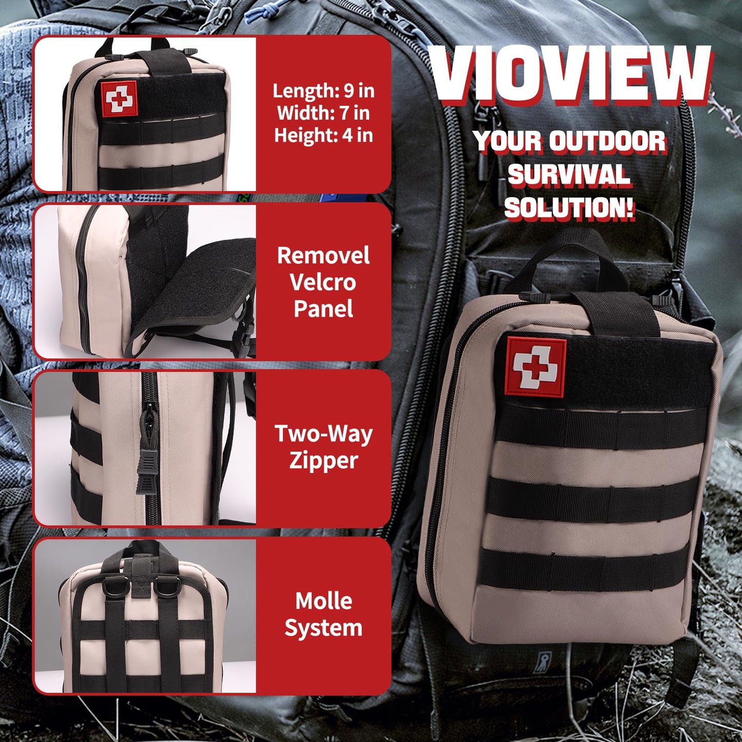 Vioview Emergency Survival Kit and First Aid Kit, Professional Survival Gear and Equipment Med Supplies with Molle Pouch and Emergency Tent, Outdoor Adventure, Hiking, Hunting, Gifts for Men Women