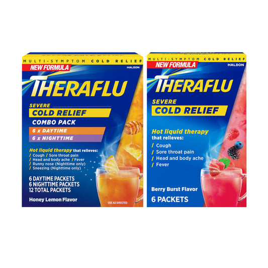 Theraflu Combo Daytime and Nighttime Severe Cold Relief Honey Lemon Flavor Powder_ and Daytime Severe Cold Relief Berry Burst Flavor Powder, _6 Daytime + 6 Nighttime, and 6 Berry Burst Powder Packets