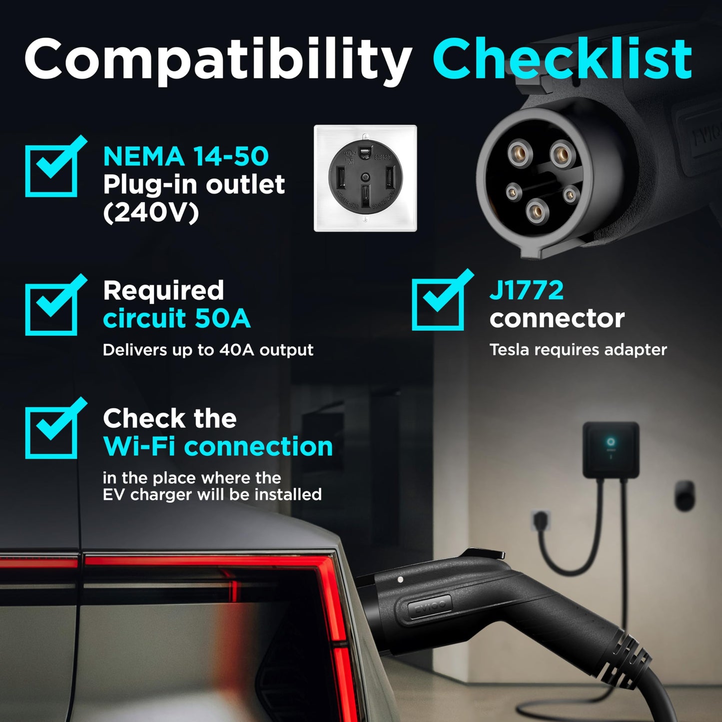 EVIQO Level 2 EV Charger 40 Amp - 9.6 kW 240V Wall Home EV Charger Level 2, NEMA 14-50 Plug, J1772 25' Cable - Enhanced Wi-Fi – UL, ETL Certified EVSE, Smart Electric Vehicle Charging Stations – GEN 2