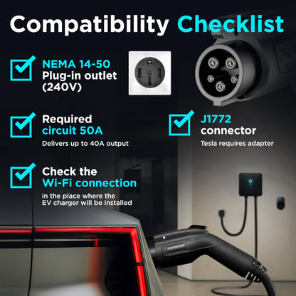 EVIQO Level 2 EV Charger 40 Amp - 9.6 kW 240V Wall Home EV Charger Level 2, NEMA 14-50 Plug, J1772 25' Cable - Enhanced Wi-Fi – UL, ETL Certified EVSE, Smart Electric Vehicle Charging Stations – GEN 2