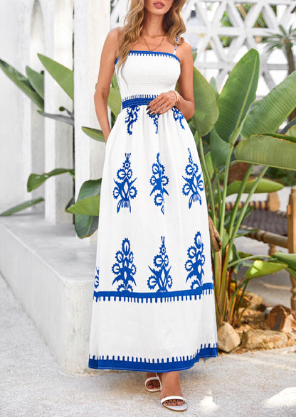 PRETTYGARDEN Summer Dress for Women 2025 Floral Sundress Spaghetti Strap Flowy Beach Vacation Boho Maxi Dresses (White Blue Floral,XX-Large)