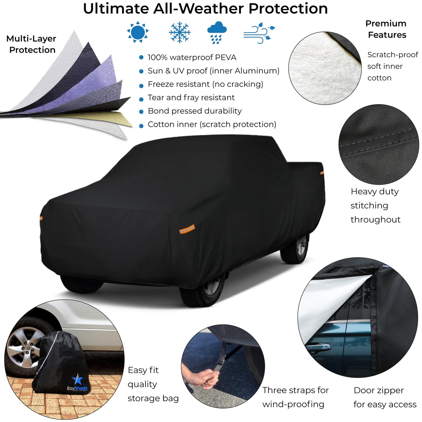 EzyShade 10-Layer Truck Cover Waterproof All Weather. See Vehicle Size-Chart for Accurate Fit. Outdoor Pickup Truck Covers - F250 F150 Tundra Titan. Sun Snow Rain. Black, Size T5 (See Size Chart)