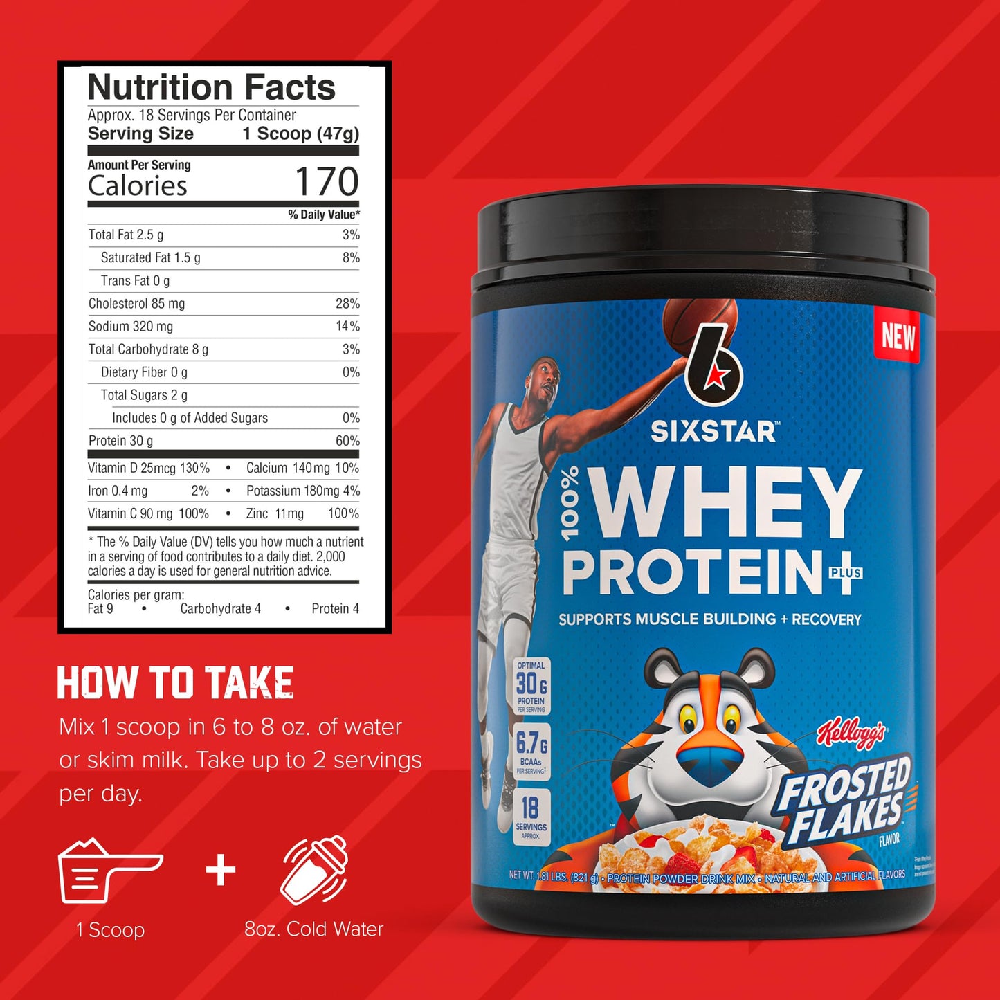 Six Star Whey Protein Powder Plus - Muscle Building & Recovery Formula with Whey Isolate Powder, BCAAs, 30g Protein, Immune Support - Post-Workout Supplement - Kellogg’s Frosted Flakes Flavor, 1.8 lbs