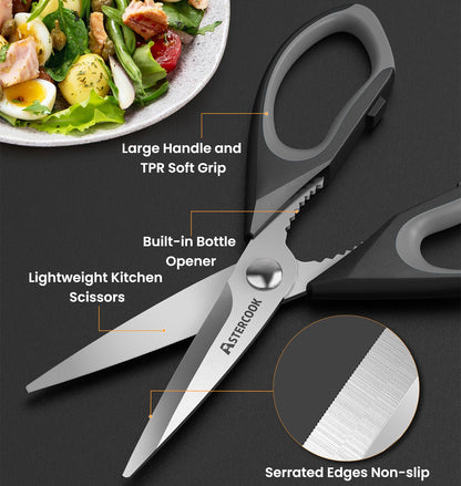 Astercook Heavy Duty Kitchen Shears with Serrated Blade, Ergonomic Handle - For Poultry, Herbs, Vegetables