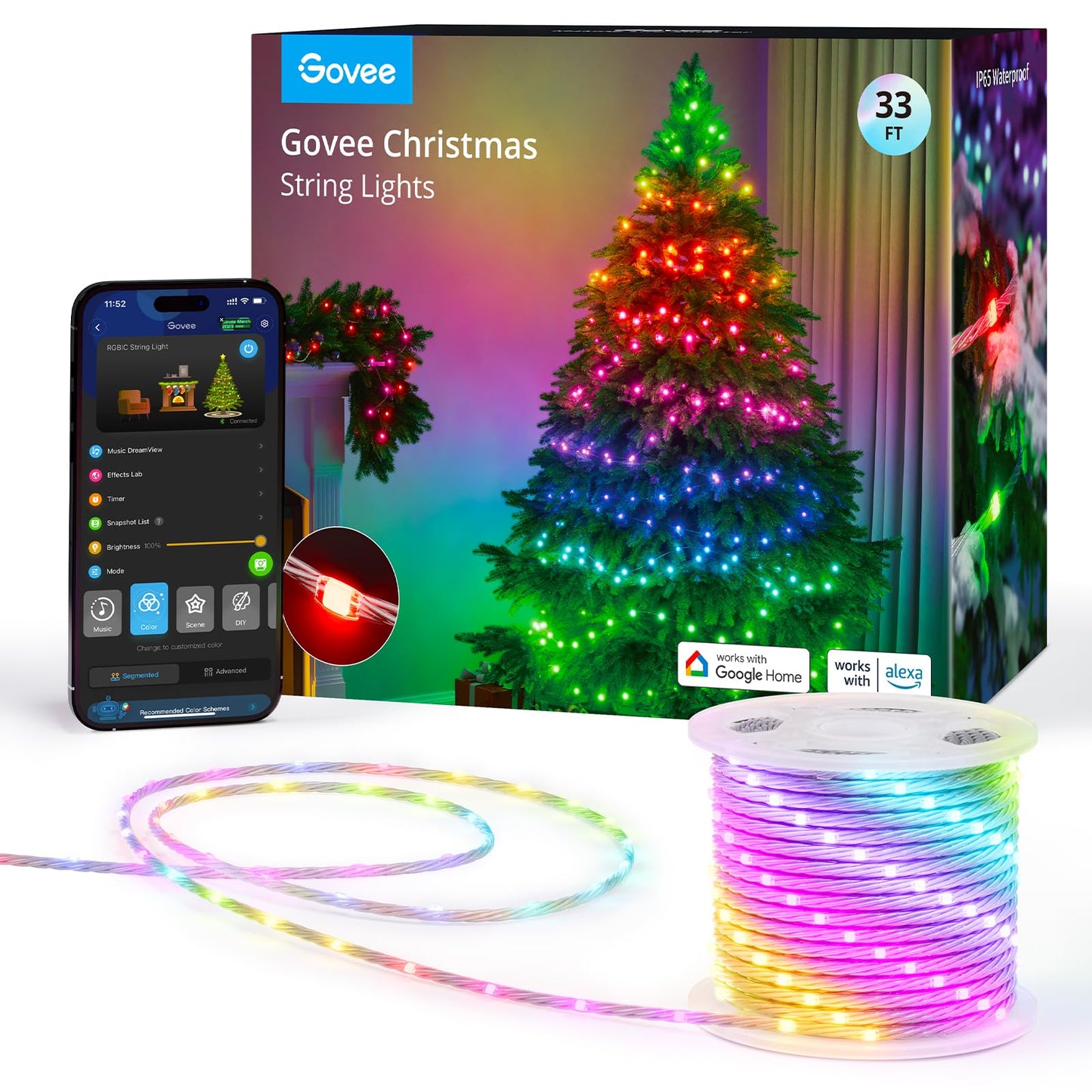 Govee Christmas Lights 33ft, Smart RGBIC Halloween Lights App-Controlled, 125+ Scene Modes, IP65 Waterproof, Sync with Music, Works with Alexa, String Lights for Christmas Halloween Decorations