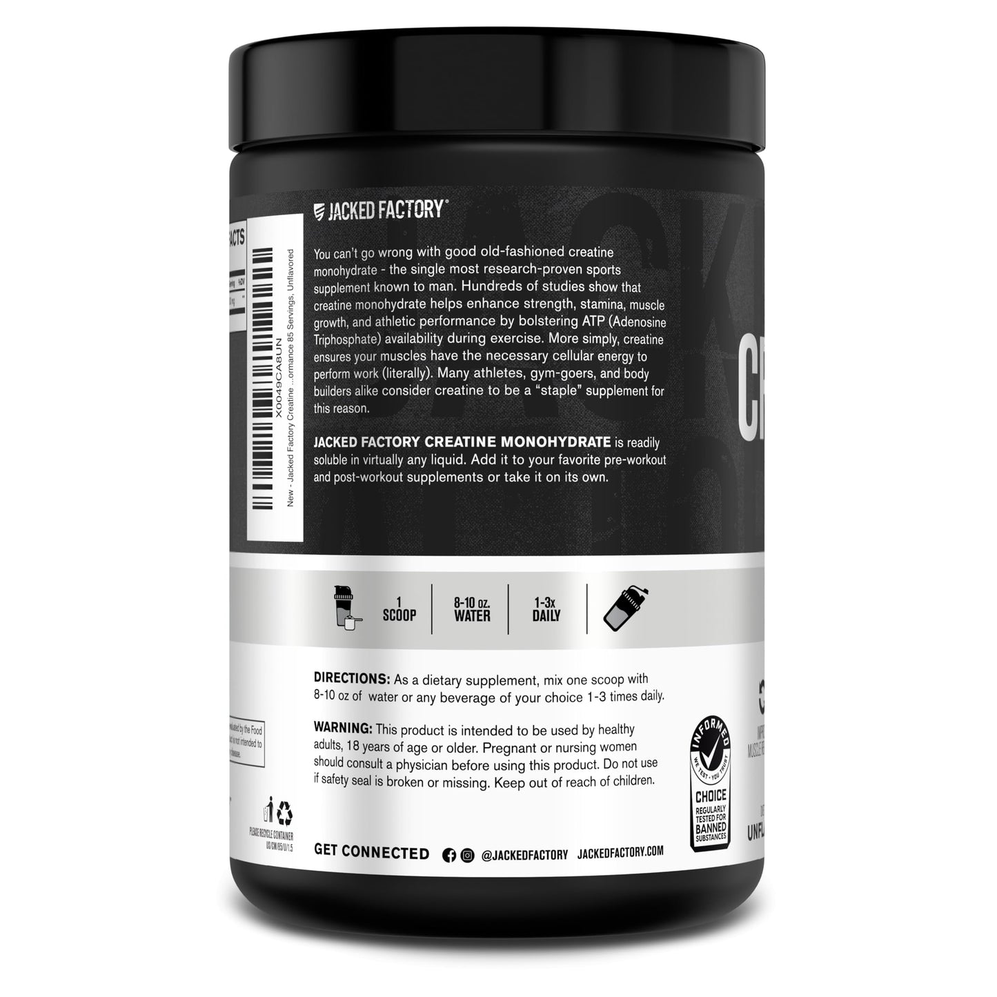 Jacked Factory Creatine Monohydrate Powder 425g - Creatine Supplement for Muscle Growth, Increased Strength, Enhanced Energy, & Improved Athletic Performance 85 Servings, Unflavored