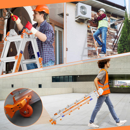 LEVELEVE 17FT Extension Ladder,A Frame 5 Step Ladder with Stabilizer Bar & Wheels,330 lbs Security Load Multi Position Ladder for Stairs Home Indoor Outdoor Roof
