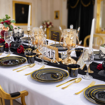 WELLIFE 600 PCS Black and Gold Disposable Dinnerware Set for 100 Guests, Gold rimmed Plastic Dinner Plates,Salad Plates,Cups,Silverware Set for New Year Party Supplies