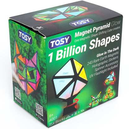 TOSY Magnet Pyramid Glow - 1 Cube Transforms into 1 Billion Shapes, 15 pcs (12 Puzzle pcs & 3 Accessories), 243 Magnets, Glowing, Christmas Stocking Stuffers Gift for Kids, Creative Puzzle STEM Toy