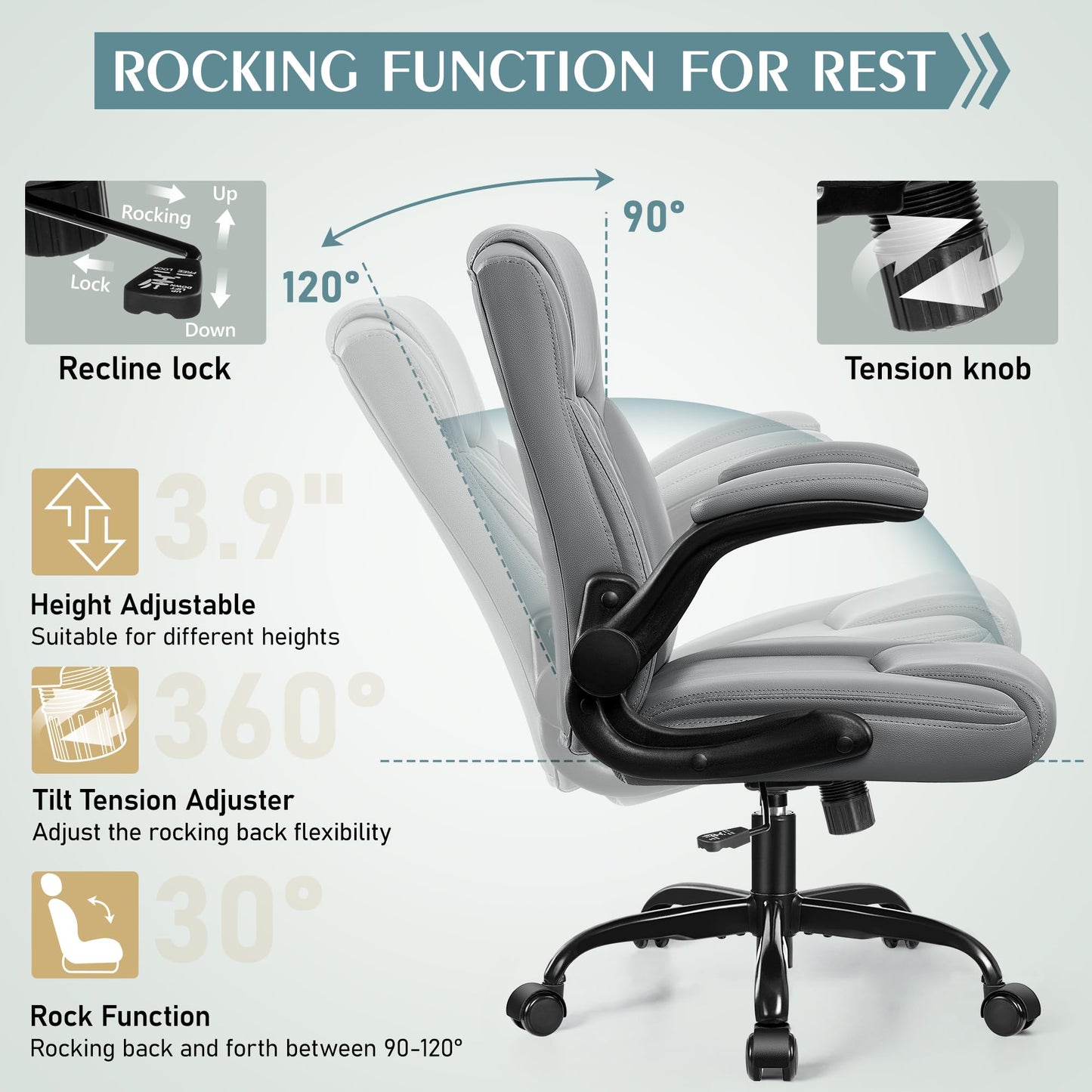 Leather Office Chair, PU Home Computer Desk Chairs with Ergonomic Back Support, 360°Swivel Free，Small Gmaing Chair with Wheels and Adjustable Armrests, for Short People Use, Gray
