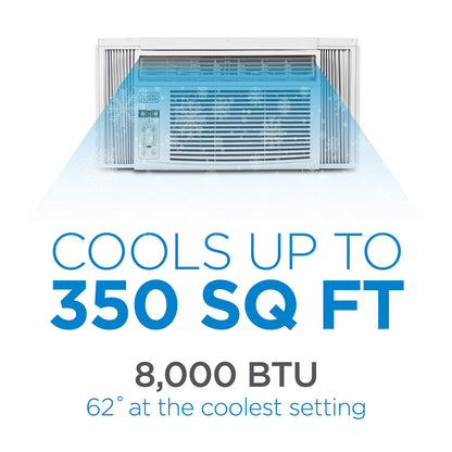 BLACK+DECKER Window Air Conditioner 8000 BTU, AC Window Unit Cools Up to 350 Square Feet, Window AC Unit with Remote Control, 3 Cooling Speeds and Fan Only Function, BD08WT6, White
