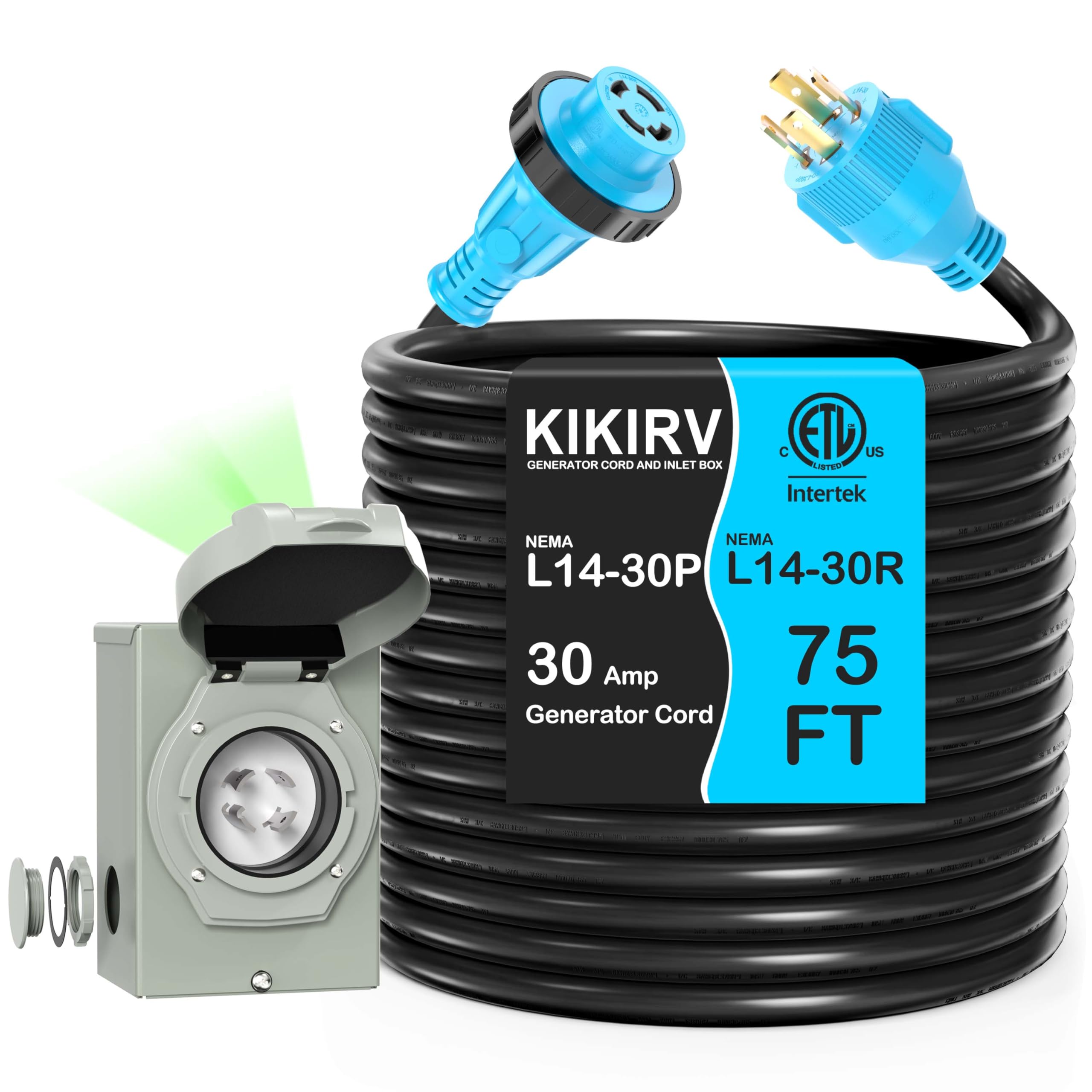 KIKIRV 75 Feet 30 Amp Generator Cord and Power Inlet Box, Pre-Drilled ...