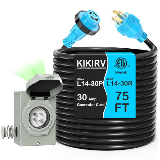 KIKIRV 75 Feet 30 Amp Generator Cord and Power Inlet Box, Pre-Drilled NEMA L14-30P to L14-30R Generator Cord Waterproof Combo Kit, ETL Listed