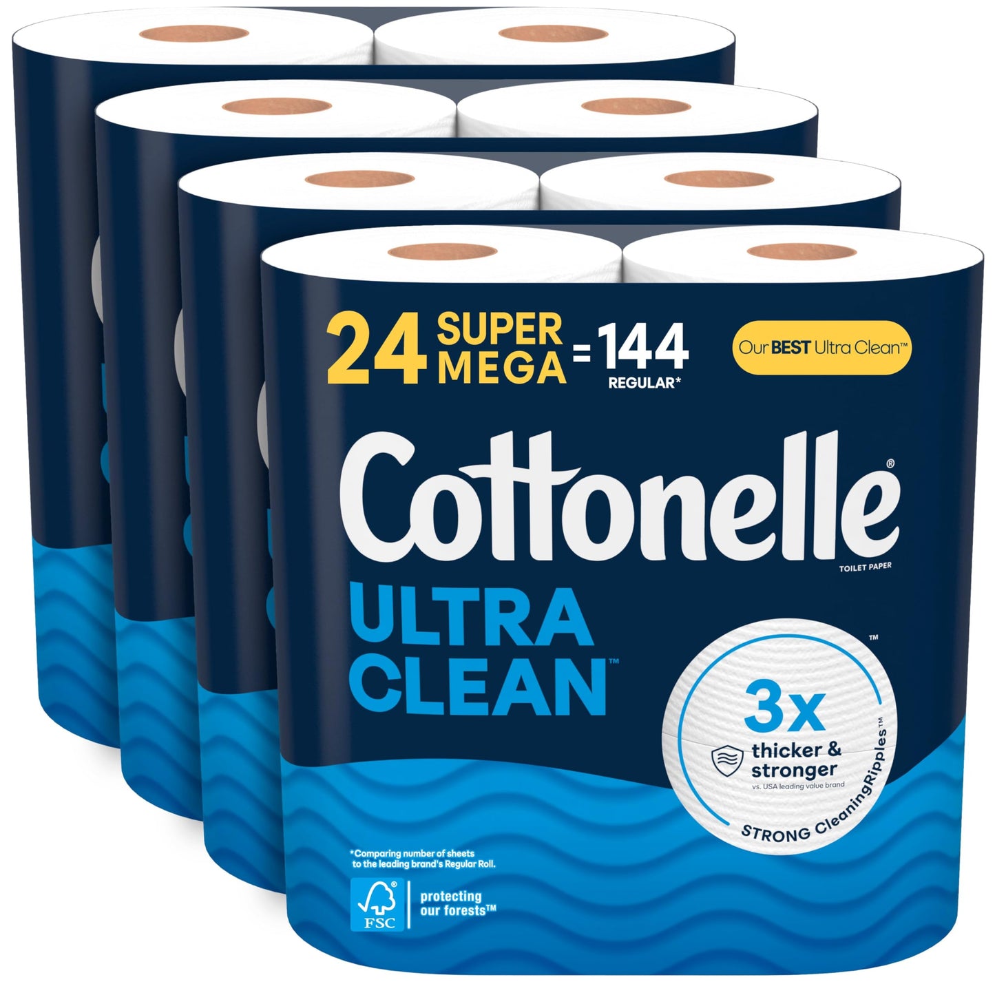 Cottonelle Ultra Clean Toilet Paper, 24 Super Mega Rolls (24 Super Mega Rolls = 144 Regular Rolls) (4 Packs of 6), 426 Sheets Per Roll, Packaging May Vary