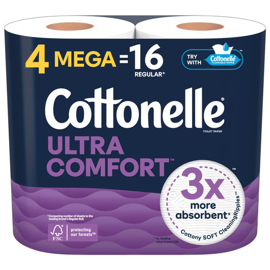 Cottonelle Ultra Comfort Soft Toilet Paper, 4 Mega Rolls = 16 Regular Rolls