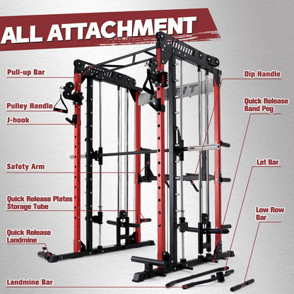 RitFit M1 Smith Machine with Cable Crossover System, Multi-Function Squat Rack Power Cage for Home Gym, Power Rack and Packages with Olympic Barbell Weight Set, Weight Bench, Olympic Bar and More