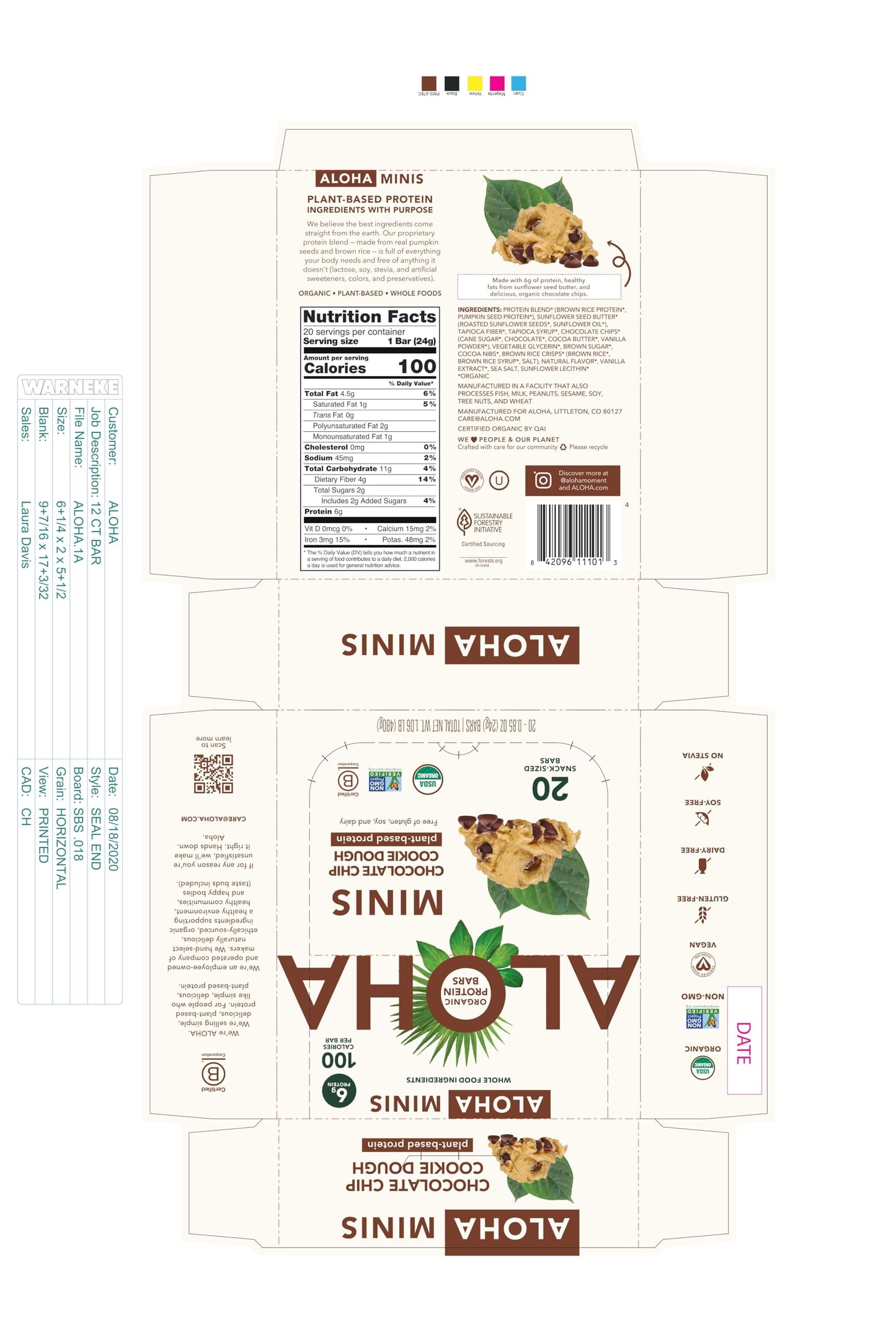 ALOHA Organic Plant Based Protein Bar MINIS |Chocolate Chip Cookie Dough| 20 Count, 24g Bars | Vegan, Low Sugar, Gluten Free, Paleo, Low Carb, Non-GMO, Stevia Free, Soy Free, No Sugar Alcohols