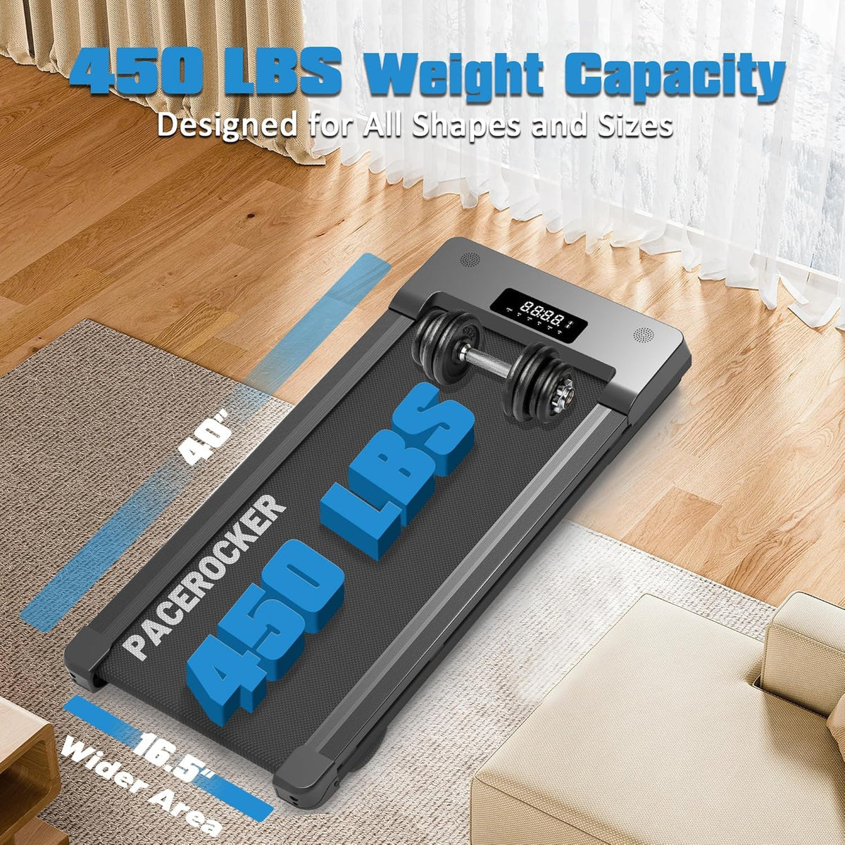 PACEROCKER Walking Pad Treadmill with 12% 9-Level Auto Incline, 450 lbs Capacity Bluetooth Speaker Under Desk Treadmills for Home Hiking, 5 MPH, Blue