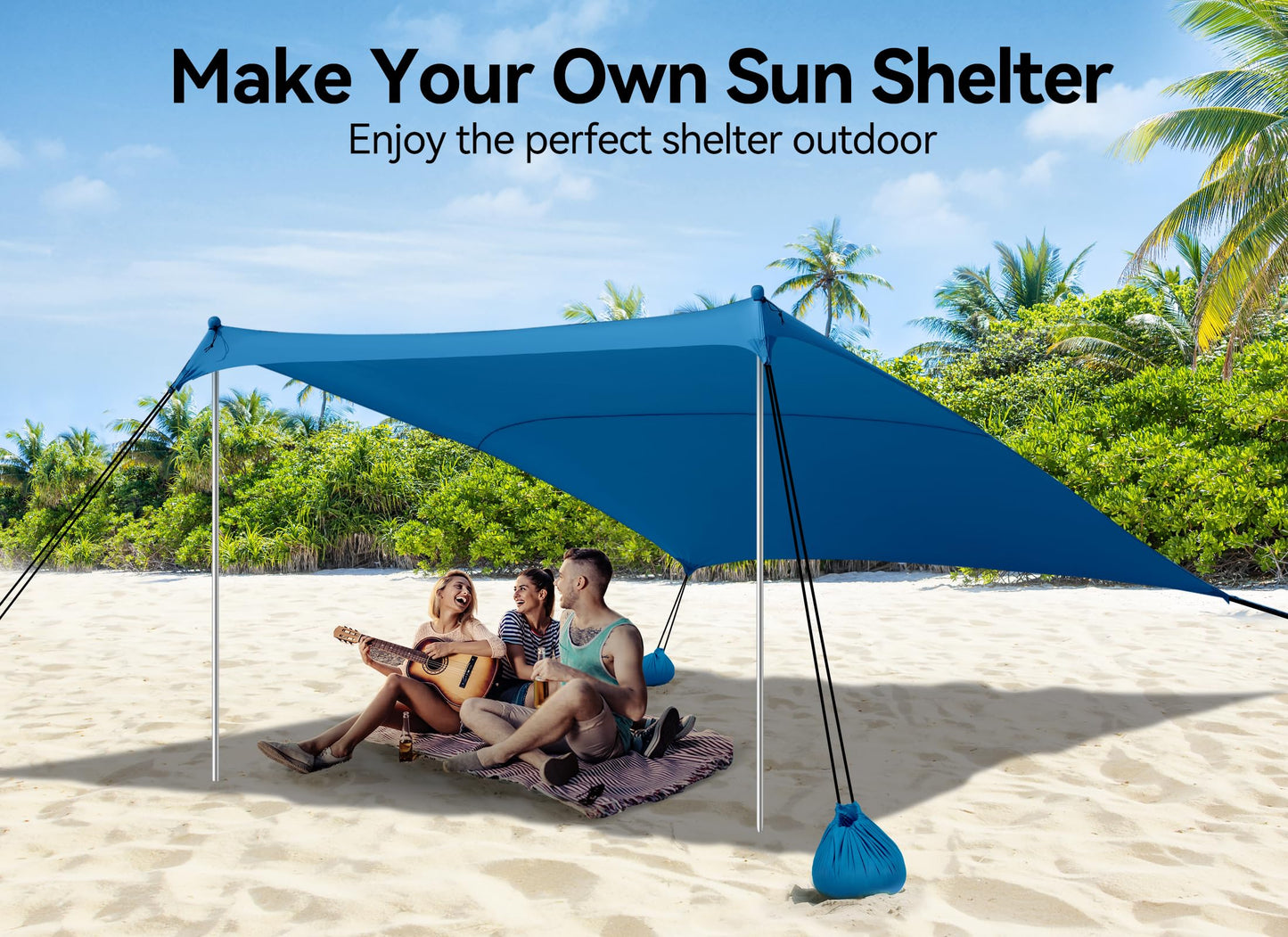 Beach Tent, Camping Sun Shelter 10 x 10ft, with 4 Sandbags, UPF50+, includes Sand Shovel, Ground Pegs & Stability Poles, Pop Up Beach Canopy Sunshade for Fishing, Backyard Fun or Picnics