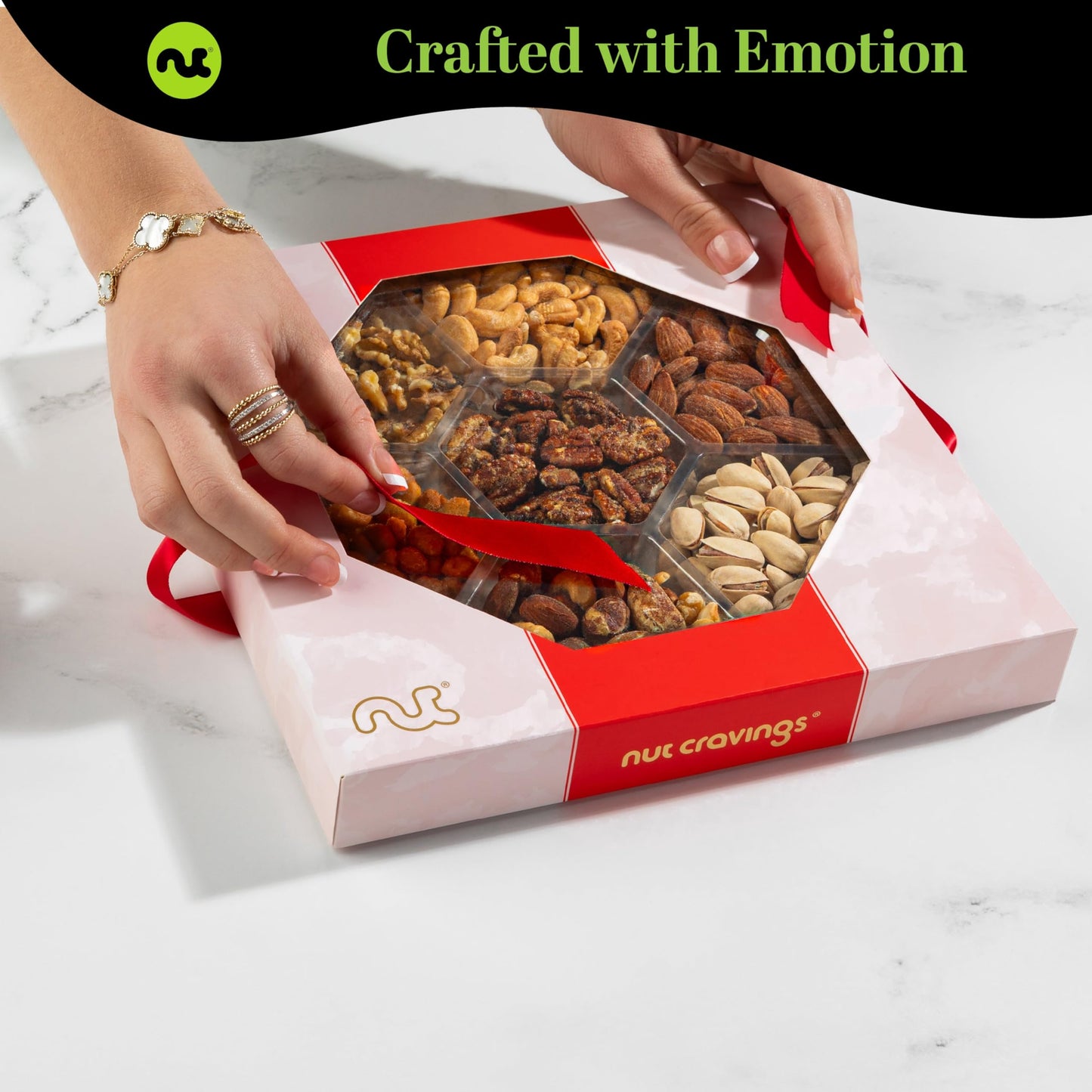 NUT CRAVINGS - Purim Mishloach Manot Mixed Nuts Gift Basket in Red Gold Box (7 Assortments, 1 LB) Ramadan Gifts Treats for Adults, Food Arrangement, Healthy Snack Care Package, Kosher