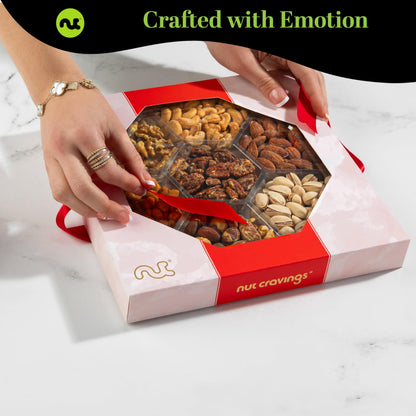 NUT CRAVINGS - Purim Mishloach Manot Mixed Nuts Gift Basket in Red Gold Box (7 Assortments, 1 LB) Ramadan Gifts Treats for Adults, Food Arrangement, Healthy Snack Care Package, Kosher