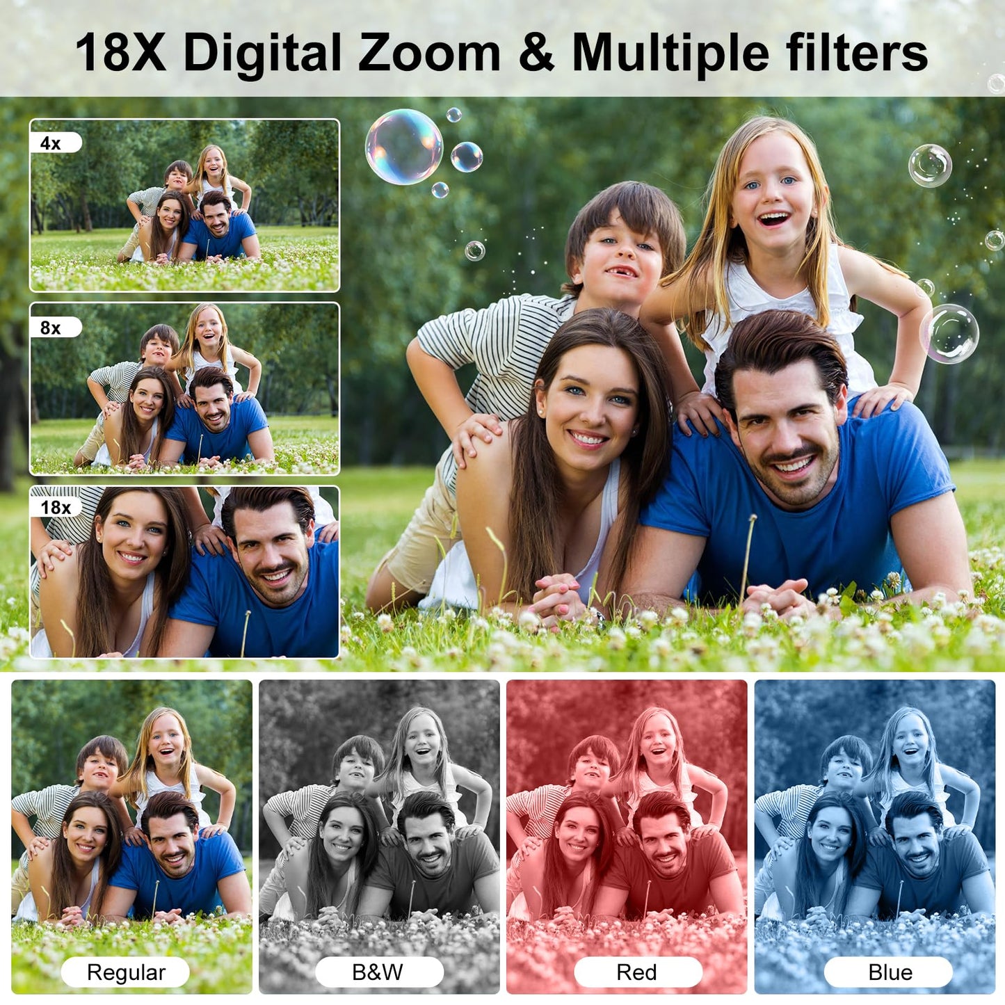 QUOLODOO Digital Camera, 4K 64MP Dual Screens Camera, 18X Zoom, Point and Shoot Digital Camera with 64GB TF Card & 2 Batteries, Portable Rechargeable Small Camera for Kids Teens Adult, Black