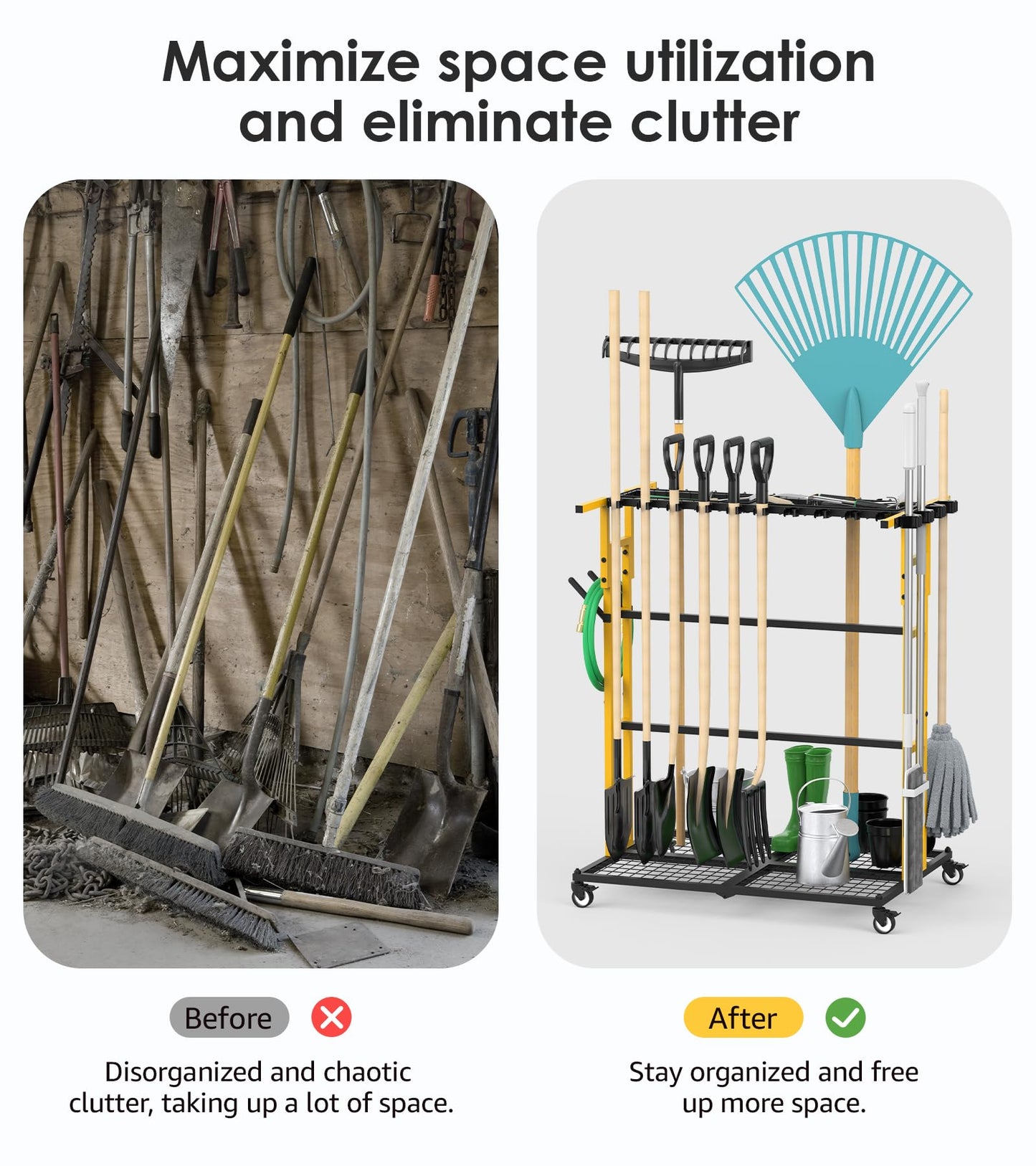 CCCEI Garage Organization with Wheels, Outdoor Gargen Yard Shed Tools Organizer Cart, Home Storage for Cleaning Supplies Organizer, Broom Holder, for Shovel and Rake, Long Farming and Farming Tools.