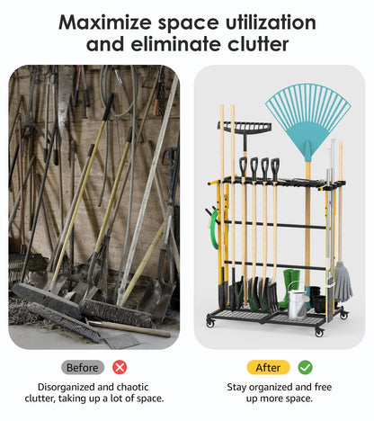 CCCEI Garage Organization with Wheels, Outdoor Gargen Yard Shed Tools Organizer Cart, Home Storage for Cleaning Supplies Organizer, Broom Holder, for Shovel and Rake, Long Farming and Farming Tools.