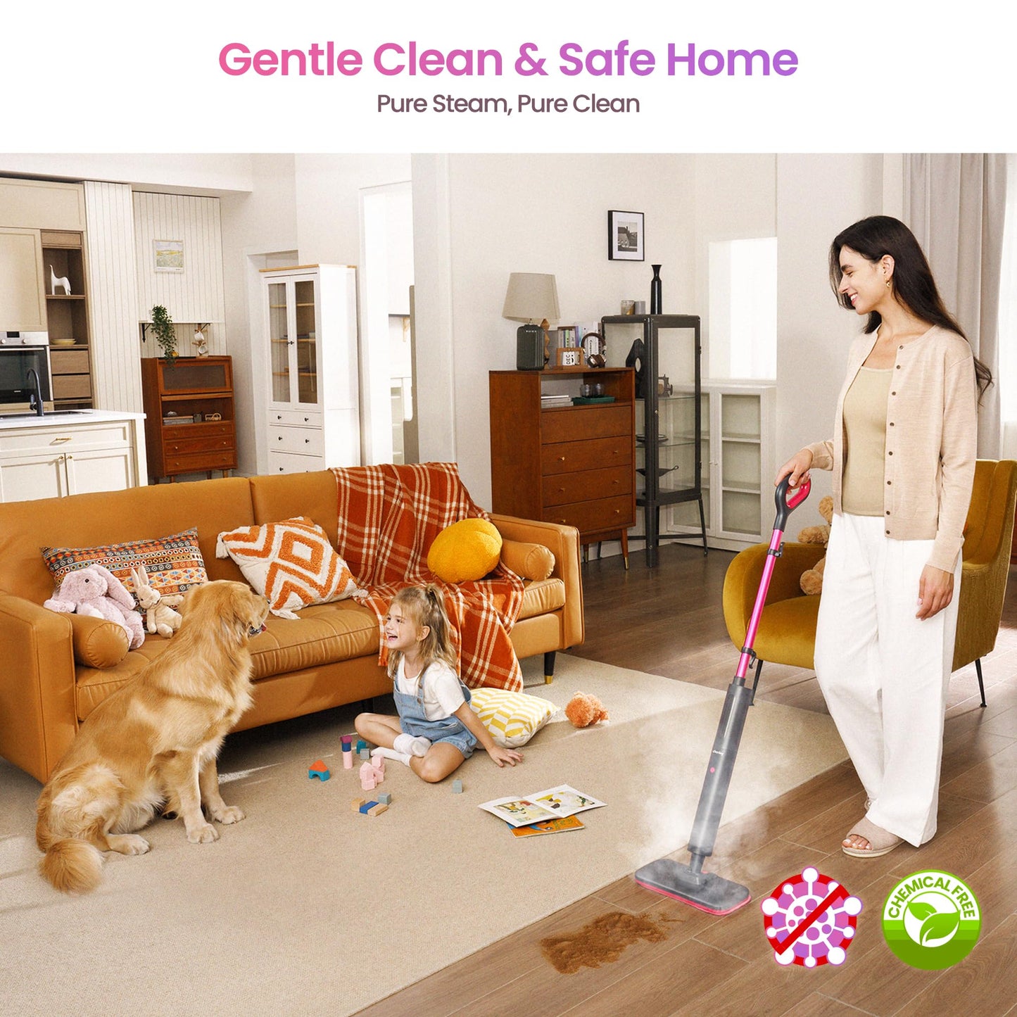 Schenley Steam Mop Cleaner Powerful - 15s Fast Heat-Up, Chemical-Free for Hardwood/Tile/Laminate & Floors/Walls, Washable Pads, 3 Modes for Carpet, Lightweight, Self-Standing, Sleek Design