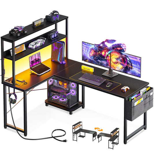 ODK 53 Inch L Shaped Desk with LED Lighting, Reversible Gaming Desk with Power Outlets, Cornor Computer Table with Storage Shelves & Bag & Iron Hook, Home Office Table for Writing, Study, Black